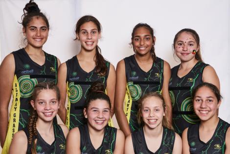 Potrait of Albany Grassroots Netball Team: Jade, Ella, Brielle, Mahkayla, Margie, Valerie, Jess and Phoenix 